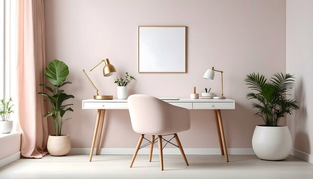 Serene home office setup with blank frame, plants, and soft pink accents