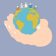 Hands Holding Earth with Clock Head People Around the World Vector Illustration