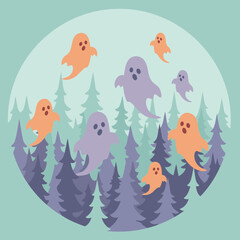 Cute ghosts floating among stylized pine trees in a light teal background. Flying spirits in a whimsical forest scene.