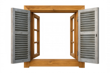 Weathered wooden window frame featuring open grey shutters, isolated on transparent background for seamless design integration
