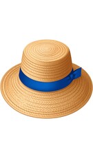 A light beige straw hat with a blue ribbon