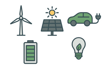 Renewable energy symbols representing wind, solar, battery, electric car, and green light bulb concepts for sustainable future