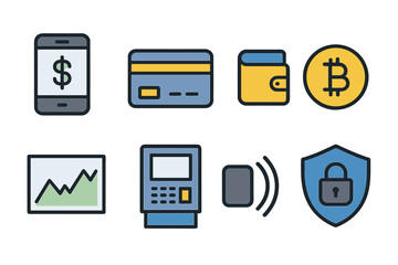 Various digital payment icons illustrating modern finance technology and services suitable for online transactions and currency management