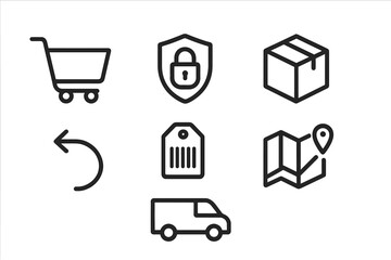 Shopping cart, delivery truck, and package icons illustrating online shopping and delivery processes