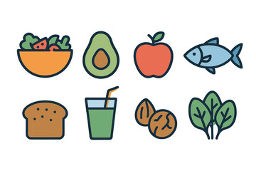 Healthy food icons representing a balanced diet with fruits, vegetables, and protein sources displayed on a white background