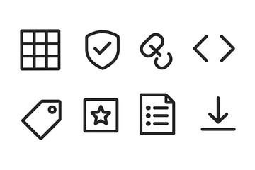 Icon set featuring various symbols for design, security, and utility in a minimalist style