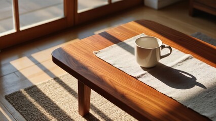 A minimalist and cozy scene with a coffee mug and a linen runner on a low wooden table. The natural sunlight creates beautiful shadows, highlighting the peaceful and tranquil atmosphere.