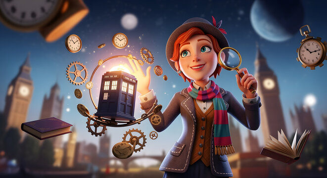 Charming girl plays with a tardis among clocks and london backdrop. Perfect for timetravel, scifi themed designs or doctor who fans.
