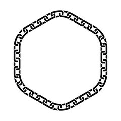 Minimalist black chain hexagonal frame with geometric rectangular links looping continuously. Isolated on white, bold contrast. Symbolizes strength and order, clean vector illustration.