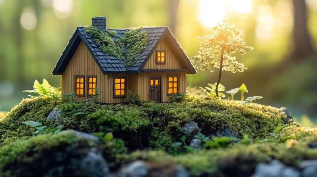 Eco house. Green and environmentally friendly housing concept. Miniature wooden house in spring grass, moss and ferns on a sunny day