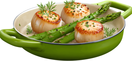 Seared Scallops with Green Asparagus with Transparent Background