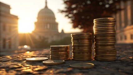 Three stacks of golden coins at sunset urban landscape business focus financial prosperity inspirational viewpoint