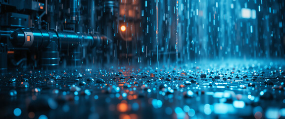 Raining at Night over Pipelines &ndash; Low Light and Misty Industrial Scene