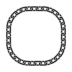 Minimalist black chain square frame with geometric rectangular links looping continuously. Isolated on white, bold contrast. Symbolizes strength and order, clean vector illustration.