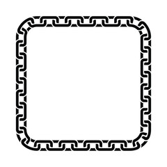 Minimalist black chain oval frame with geometric rectangular links looping continuously. Isolated on white, bold contrast. Symbolizes strength and order, clean vector illustration.