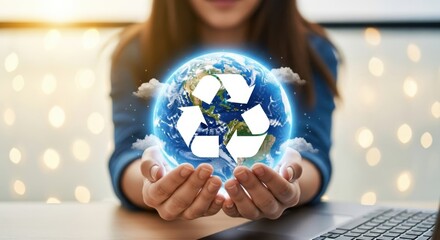 Woman holding a glowing earth with a recycling symbol