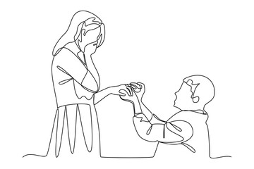simple continuous line draw of a man proposes to his girlfriend. Engagement minimalist concept. Wedding activity. Simple line.