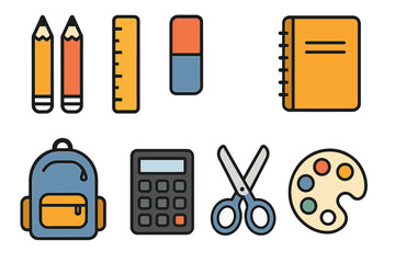 Colorful school supplies collection including pencils, ruler, eraser, notebook, backpack, calculator, scissors, and palette
