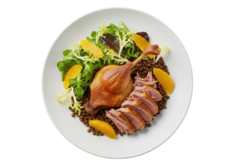 Gourmet duck confit salad, crispy duck, lentils, vibrant greens, orange slices on transparent, high-key studio light, slightly high angle, concept for premium food presentation