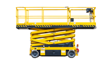 Yellow scissor lift elevated platform isolated on transparent background