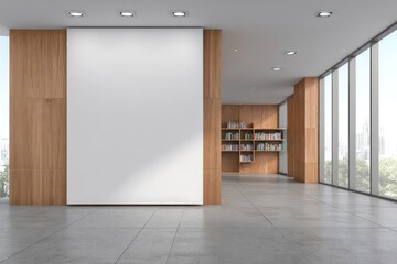 Modern office interior with large blank wall