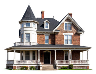 Historic Victorian Mansion with Tower and Gables, Isolated on Transparent Background. © Sumona