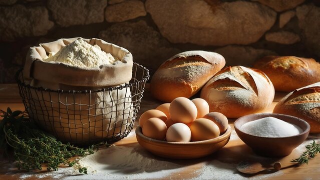 Rustic Baking Ingredients with Fresh Bread, Flour, and Eggs - Powered by Adobe