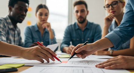 Close-up of diverse team hands discussing financial reports and business plans.