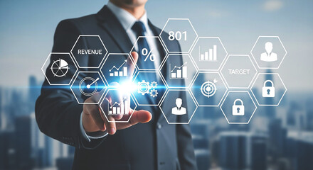 Businessman interacting with digital business icons in a modern corporate environment setting up strategy