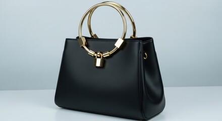 Elegant black leather handbag with gold accents isolated on white background
