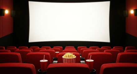 Empty movie theater with red seats, a large screen, and popcorn awaiting viewers.
