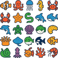 Naklejka premium Vector cartoon set of cute sea animals, a seamless pattern with marine life illustrations