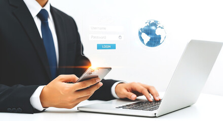 Businessman using laptop and smartphone with login screen and globe graphic overlayed on white
