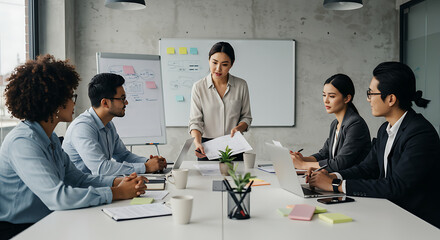 Diverse business professionals collaborating and brainstorming new ideas during a strategic meeting in a modern conference room.

