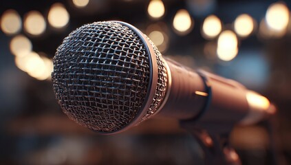 A close-up view of a microphone with a blurred background of soft glowing lights creating a warm and inviting atmosphere for performances.