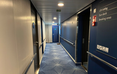 A modern and clean corridor on a cruise ship, featuring a distinctive blue carpet with a floral pattern and sleek white and blue walls. 
