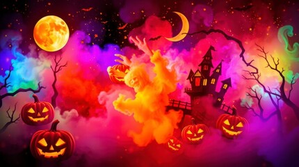 Fototapeta premium Halloween scene pumpkins haunted house ghostlike figure full moon crescent moon and colorful smoky background