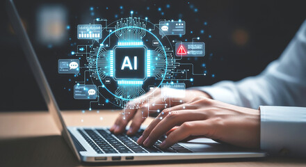 Person typing on laptop with ai chip graphic overlay and message icons floating above the keyboard