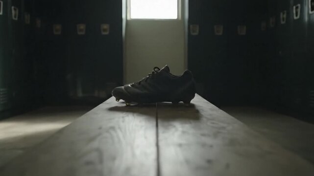 Solitary football cleat on a bench in a quiet, empty locker room before the game.