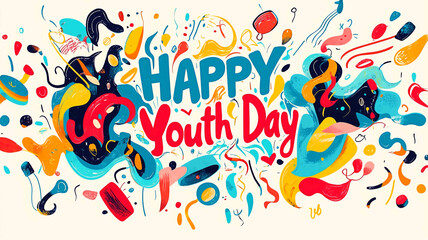  - Poster with the words "Happy Youth Day" written in bold, colorful lettering. Commercial illustration artwork for business applications. High-resolution. Premium quality. Professional.
