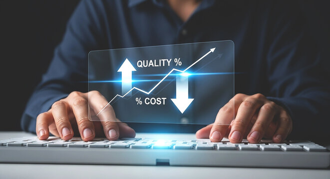 Person typing on keyboard with quality and cost graph overlay displayed on transparent screen effect