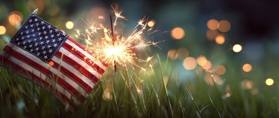 American flag in grass, sparkler