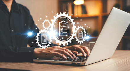 Person typing on a laptop with digital checklist icons and gears overlayed on the screen area of laptop