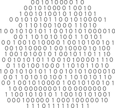 A digital image composed of binary code forming an abstract shape.
