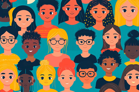  - Large group of people with different colored hair and glasses, all of whom appear to be diverse in age, gender, and ethnicity. Commercial illustration artwork for business applications.