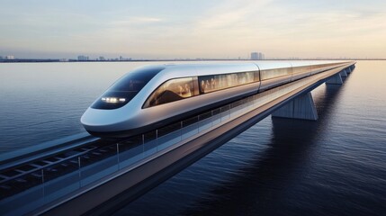 Futuristic Aerodynamic Train on Glass Bridge at Sunset