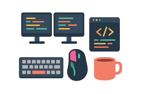 Workspace tools for coding and programming, featuring monitors, keyboard, mouse, and coffee mug