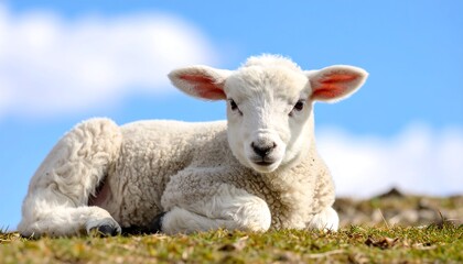 Obraz premium Serene lamb resting on green grass against a backdrop of blue skies and gentle clouds