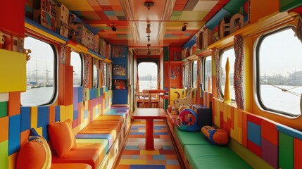 Colorful Family-Friendly Train Car with Play Areas for Kids