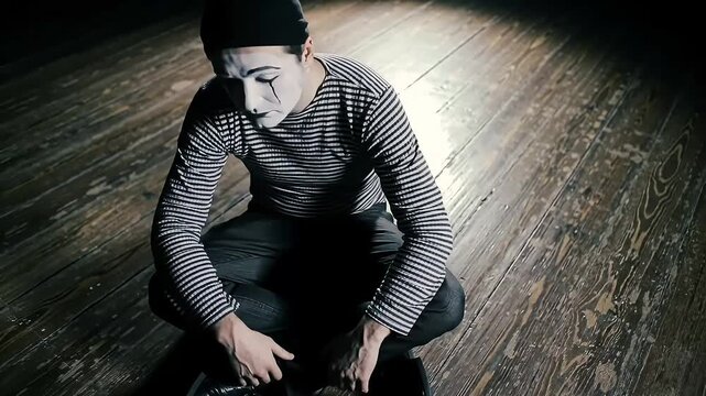 Sad mime sits alone on dark stage